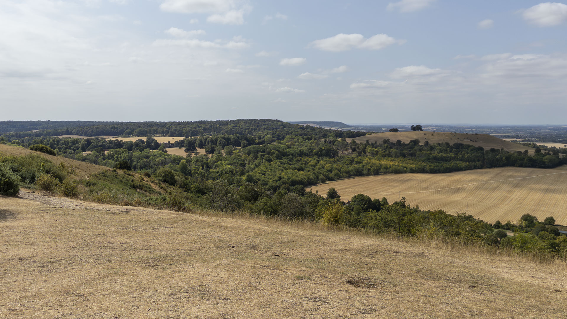 View from Coombe Hill across dry grassland, woodland and harvested fields, with rolling Chiltern hills stretching into the distance beneath a lightly clouded sky.