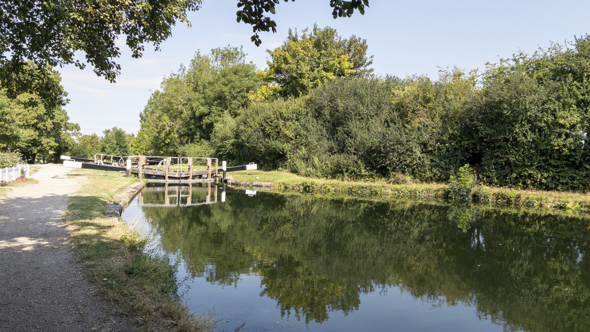 Grand Union Canal lock with wooden gates, a gravel towpath and calm water reflecting the surrounding trees and greenery.
