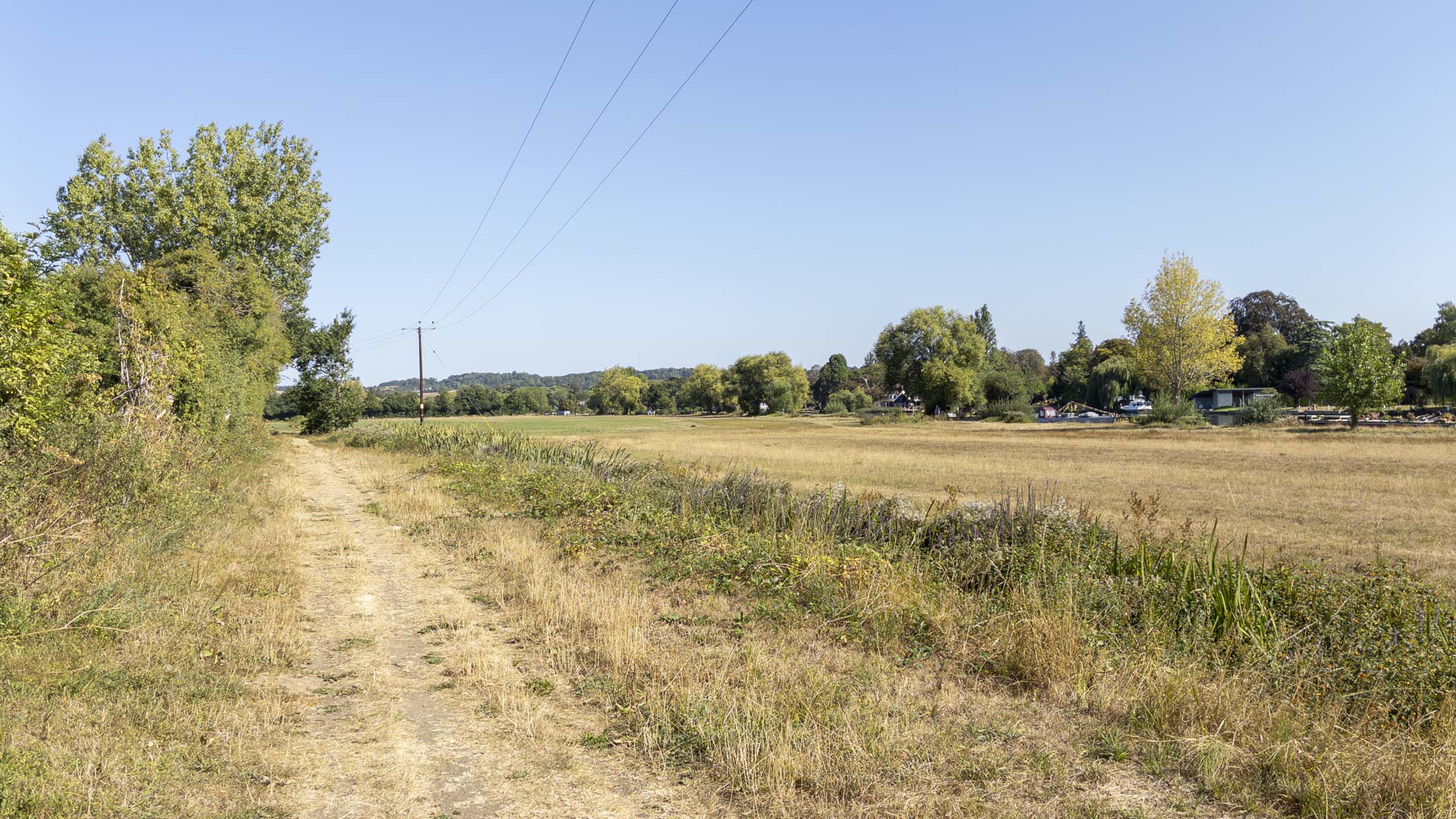 Dry footpath beside open grassland near the River Thames at Cookham, with trees and riverside properties under a clear blue sky.