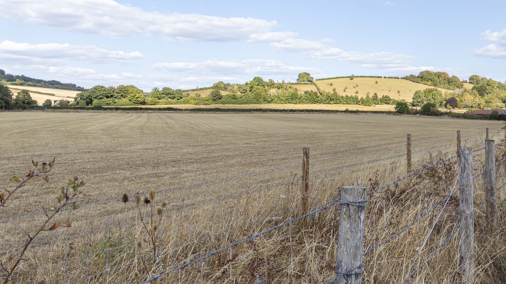 Harvested field bordered by a wire fence, with rolling tree-lined hills beneath a bright blue sky near Goring-on-Thames.