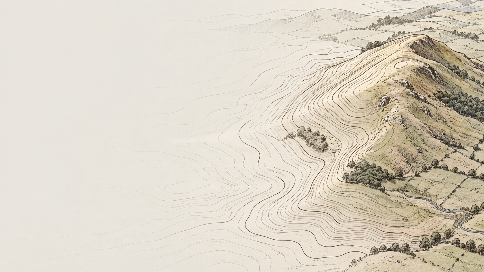 Hand-drawn contour lines blending into a hilly landscape, showing how contours represent the shape of the land.