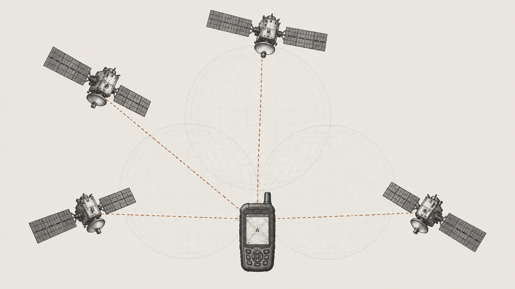 Four GNSS satellites providing measurements that resolve the receiver to a single final position.