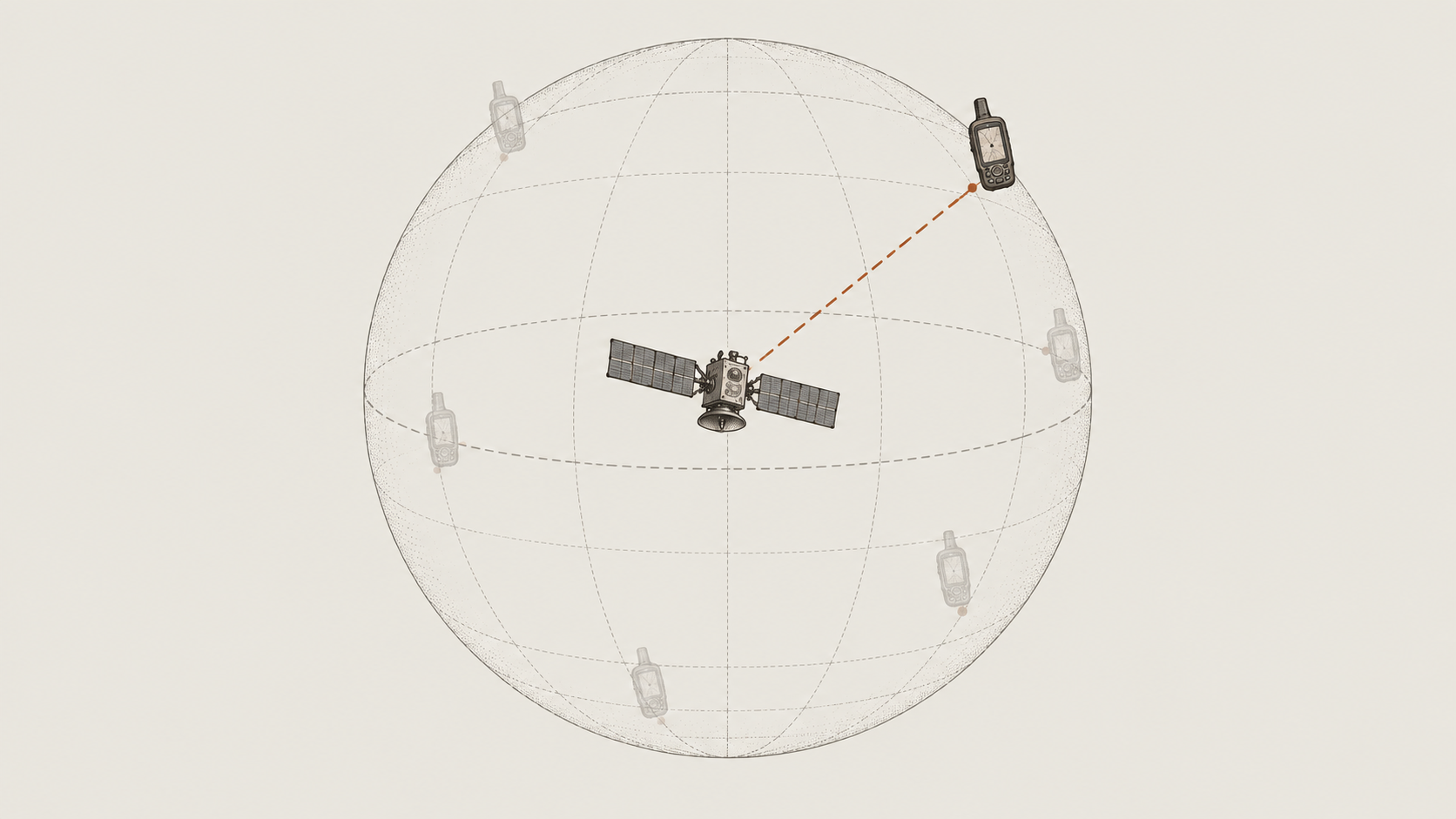 One GNSS satellite at the centre of a sphere, showing that a receiver could be anywhere at the measured distance