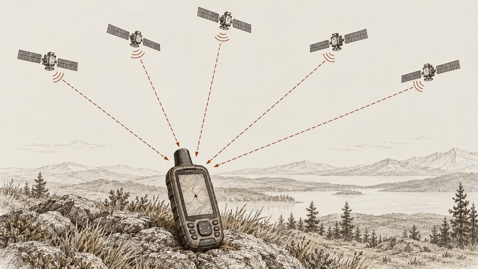 Multiple GNSS satellites transmitting radio signals down to a handheld GPS receiver in a mountain landscape.