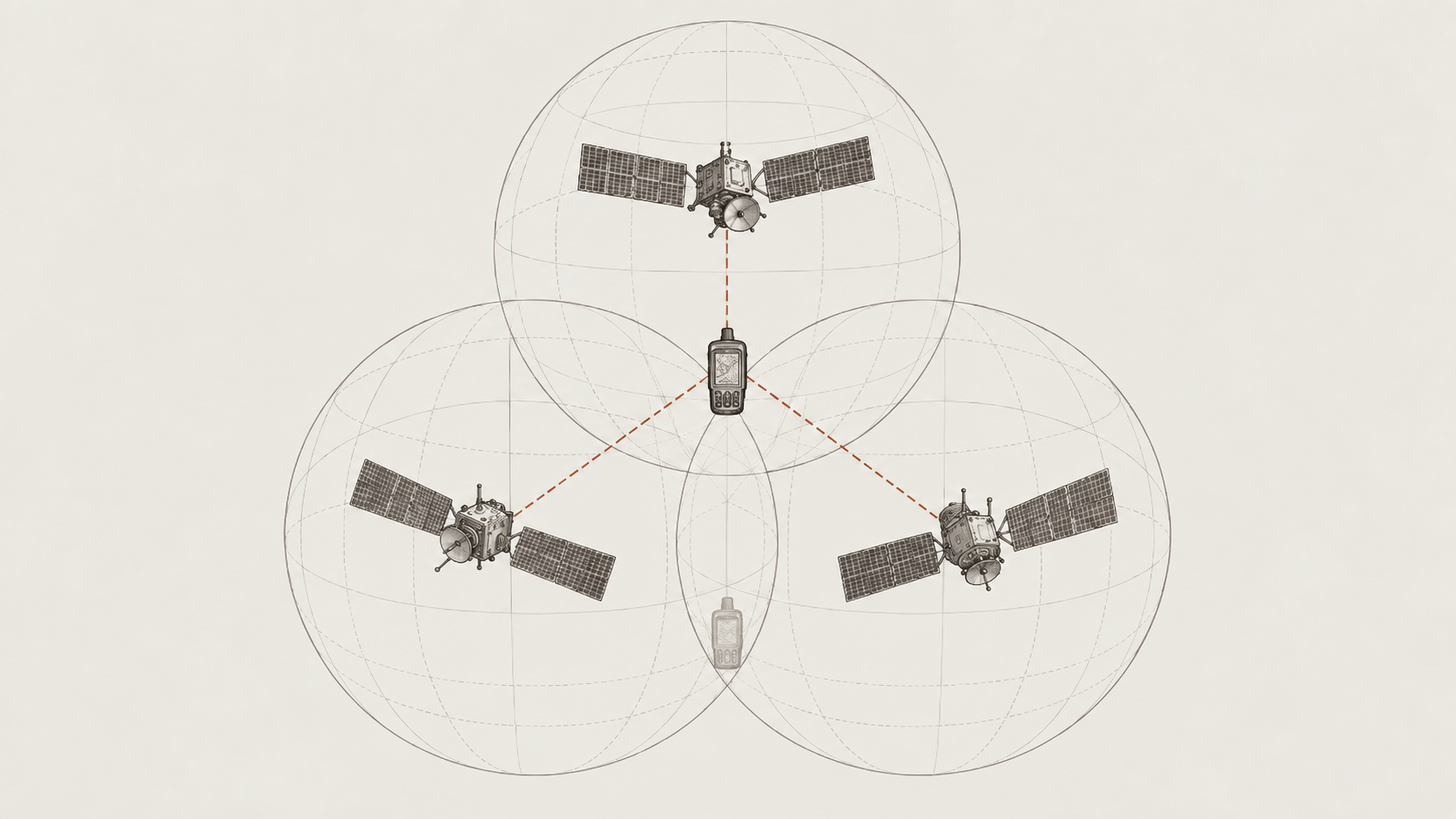 Three overlapping GNSS distance spheres narrowing the receiver’s location to two possible positions.