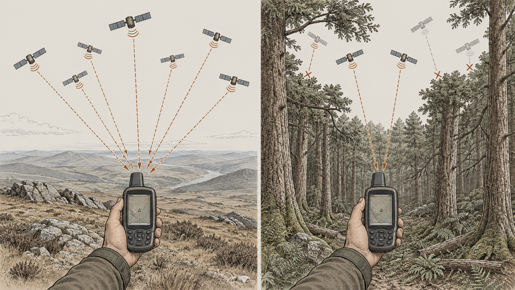 Multiple GNSS satellites transmitting radio signals down to a handheld GPS receiver in a mountain landscape.