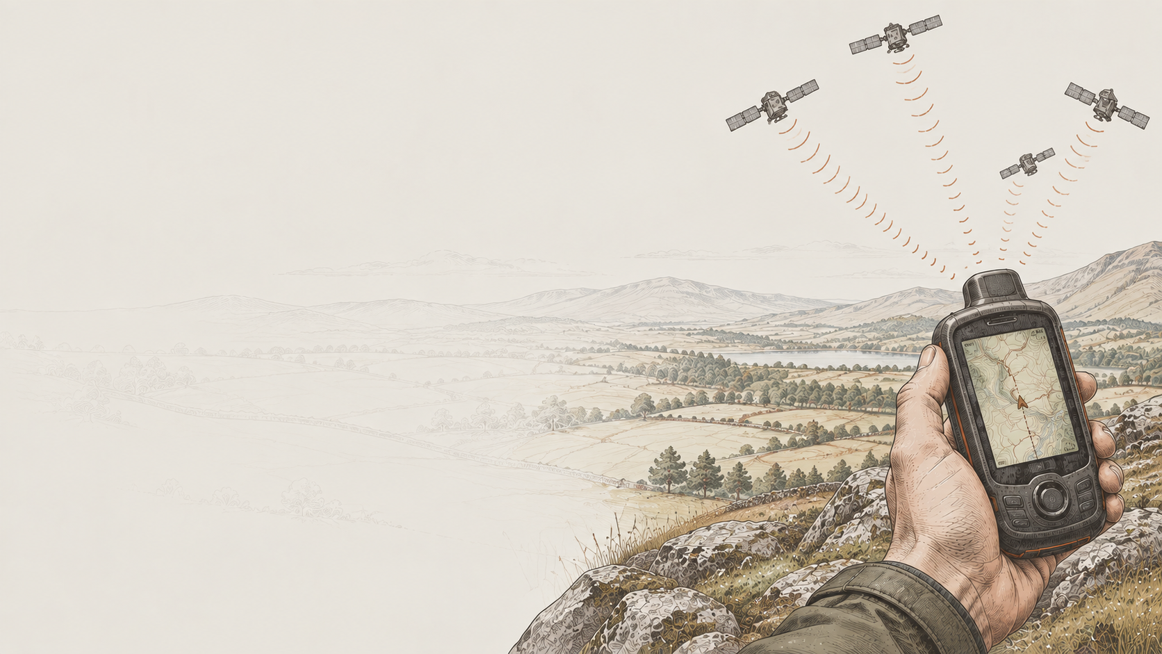 Handheld GPS receiving signals from satellites across an open walking landscape.