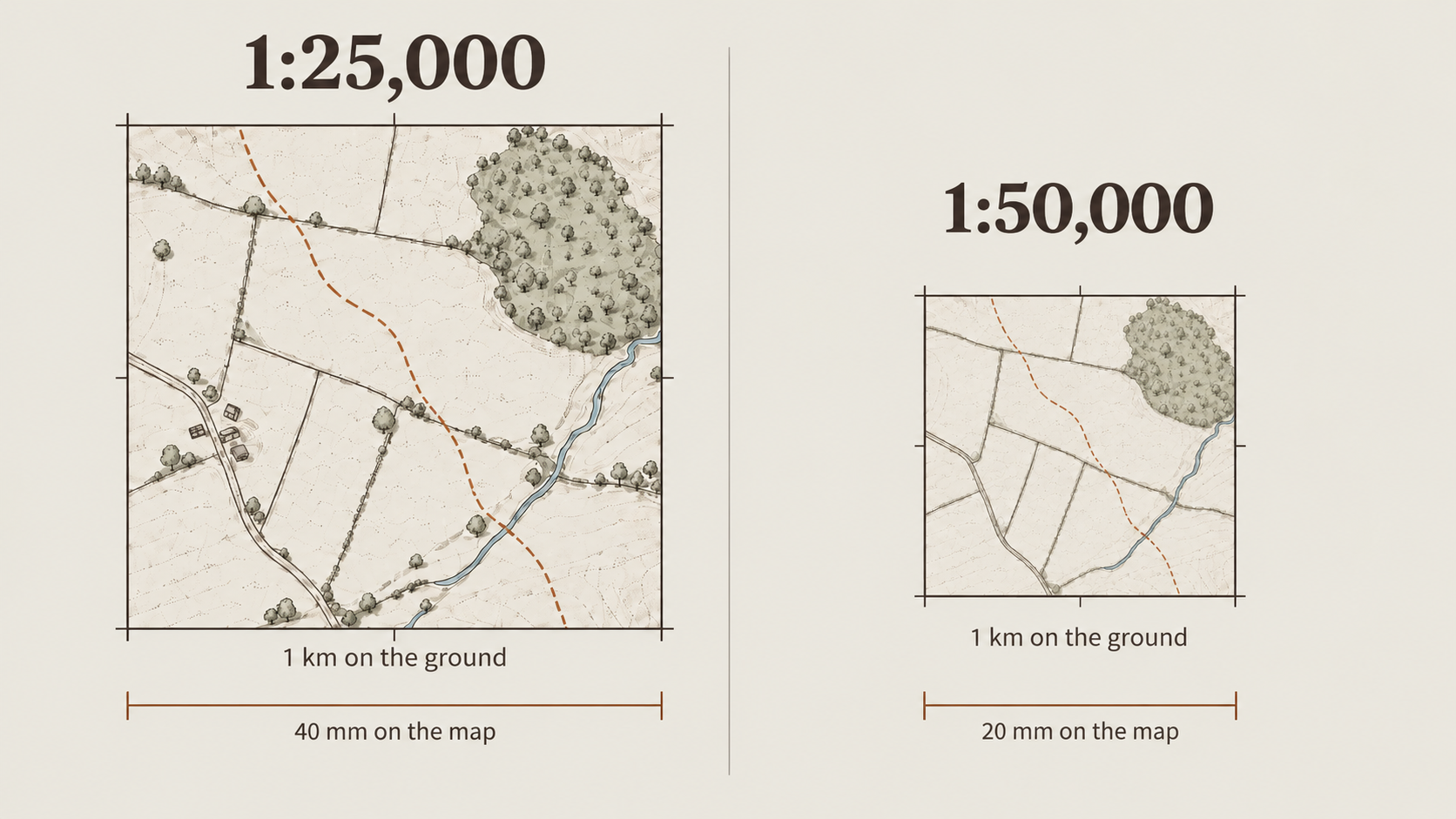 omparison of the same 1 km grid square at 1:25,000 and 1:50,000 map scales, showing that 1 km measures 40 mm on the 1:25,000 map and 20 mm on the 1:50,000 map.