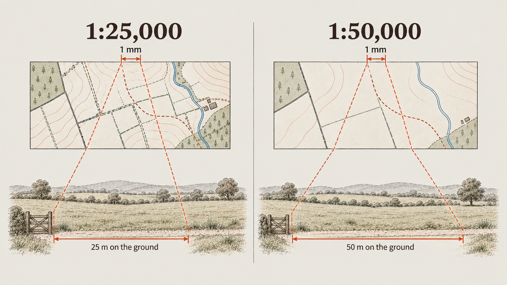 Illustration comparing 1:25,000 and 1:50,000 map scales, showing that 1 mm on the map represents 25 m and 50 m on the ground.