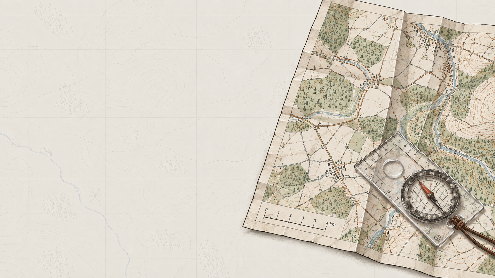 Folded walking map with a rectangular baseplate compass and map scale, illustrating outdoor navigation and map scale.
