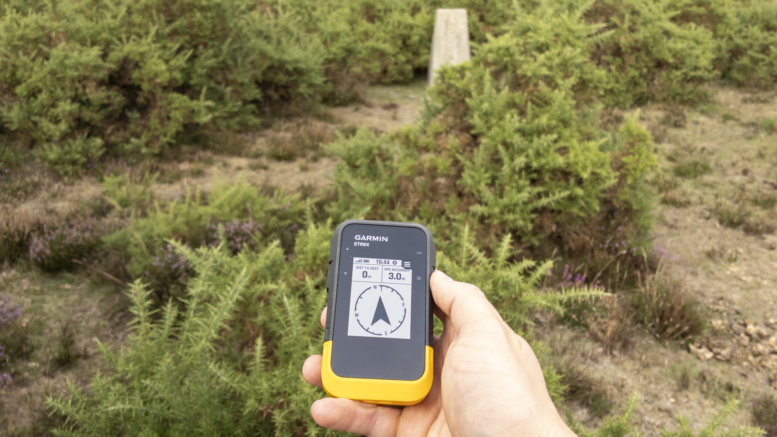 Garmin eTrex SE showing arrival at the Sway TP6280 trig point waypoint with 0 metres distance remaining and 3 metre GPS accuracy, with the trig pillar visible through the gorse in the background
