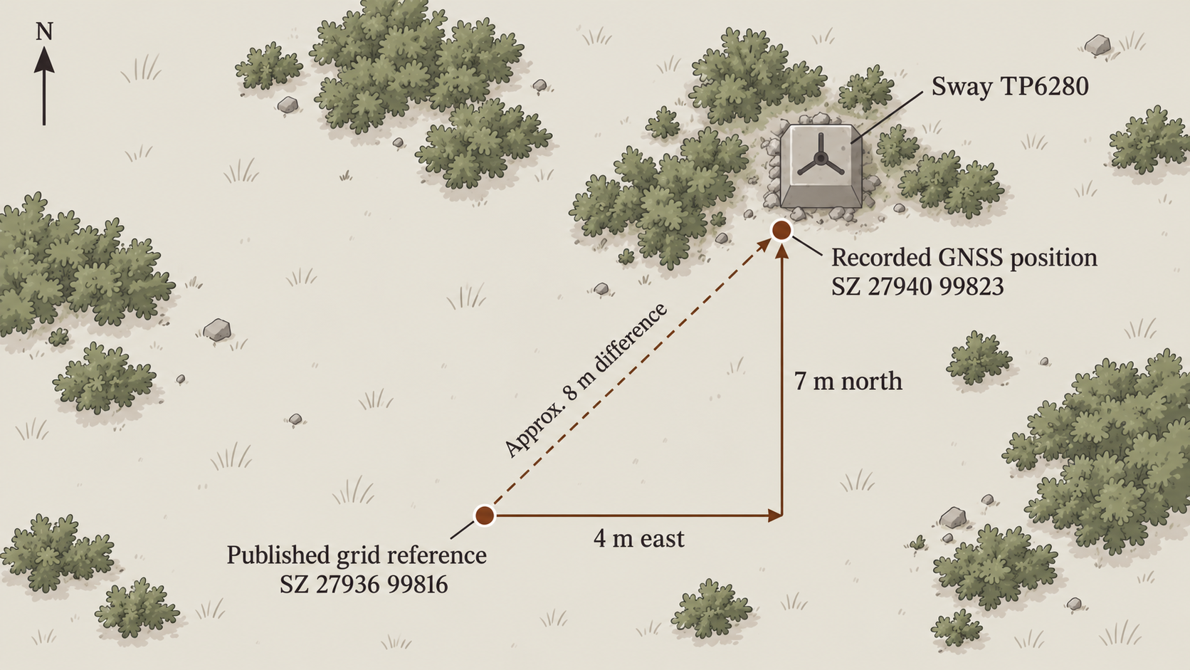 Comparison between the published trig point coordinate and the GNSS position recorded at Sway TP6280