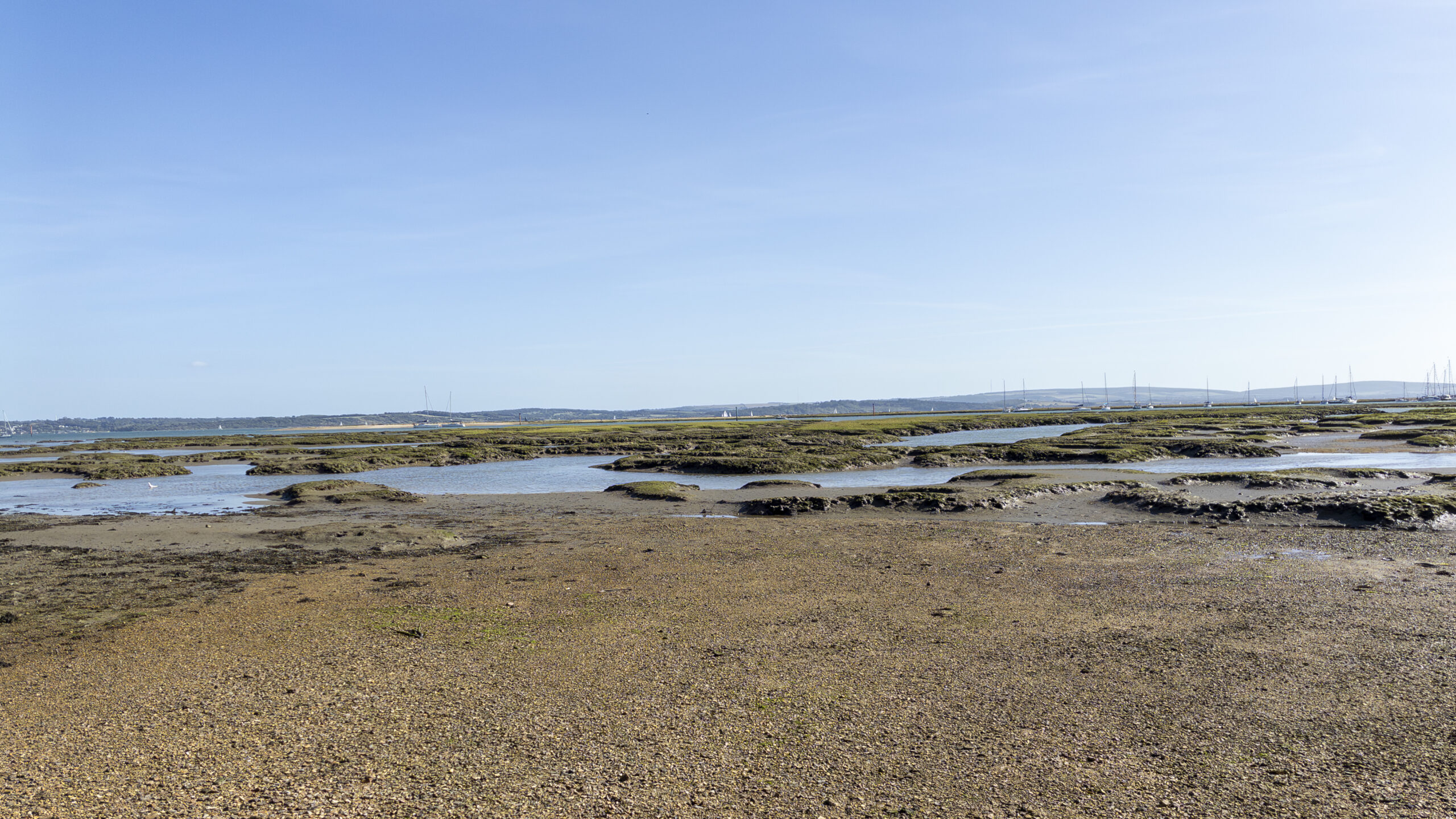 Wide view across the Beaulieu River estuary near Lepe showing tidal channels, marshland and the open Solent landscape