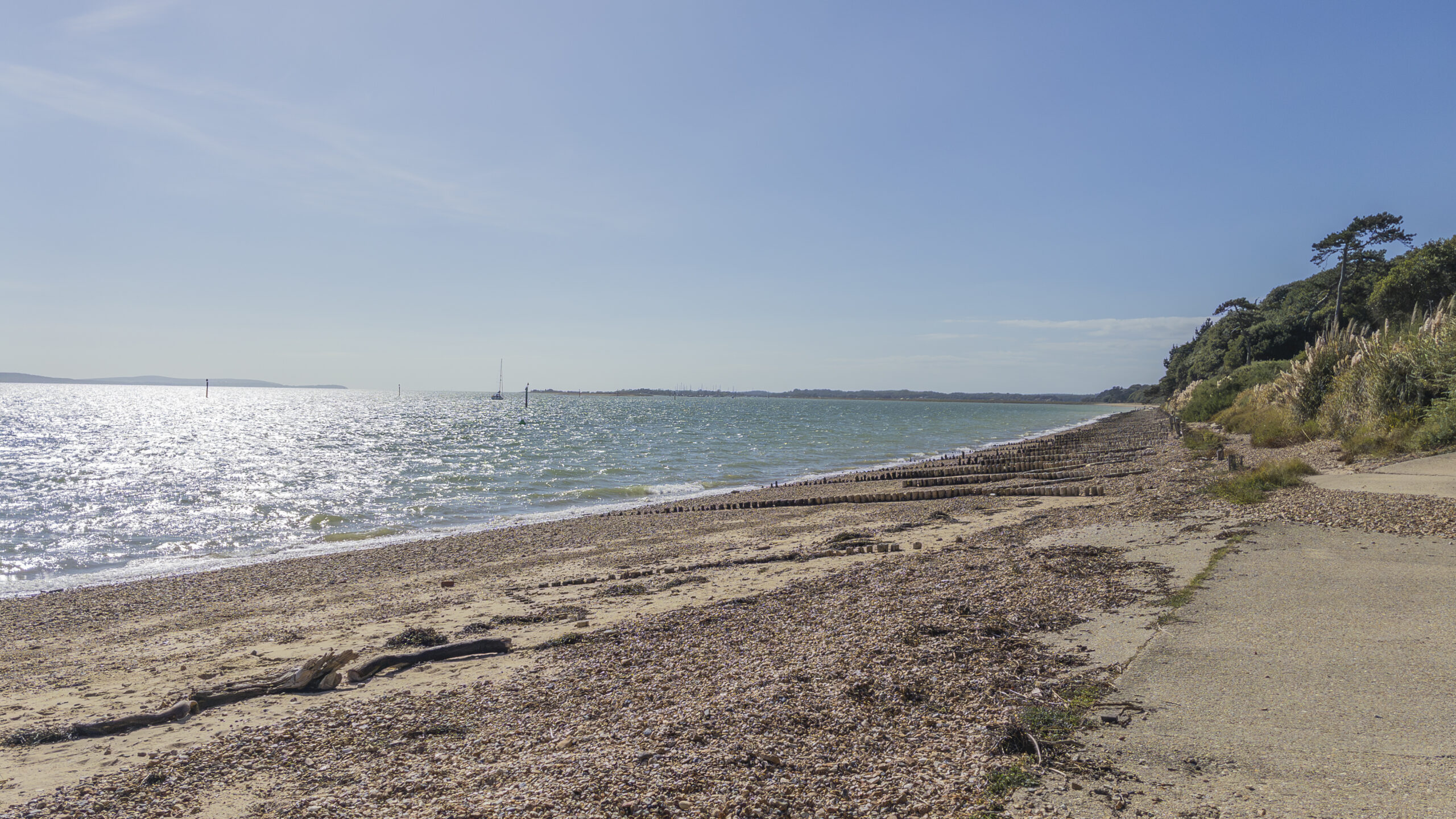 View along the Lepe coastline showing the shingle beach, wooden groynes and open waters of the Solent